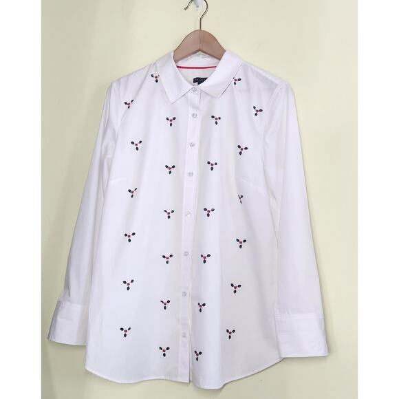 Talbots Embellished Holly Berry Button Front Shirt Womens Large White Beaded Top - Picture 3 of 12
